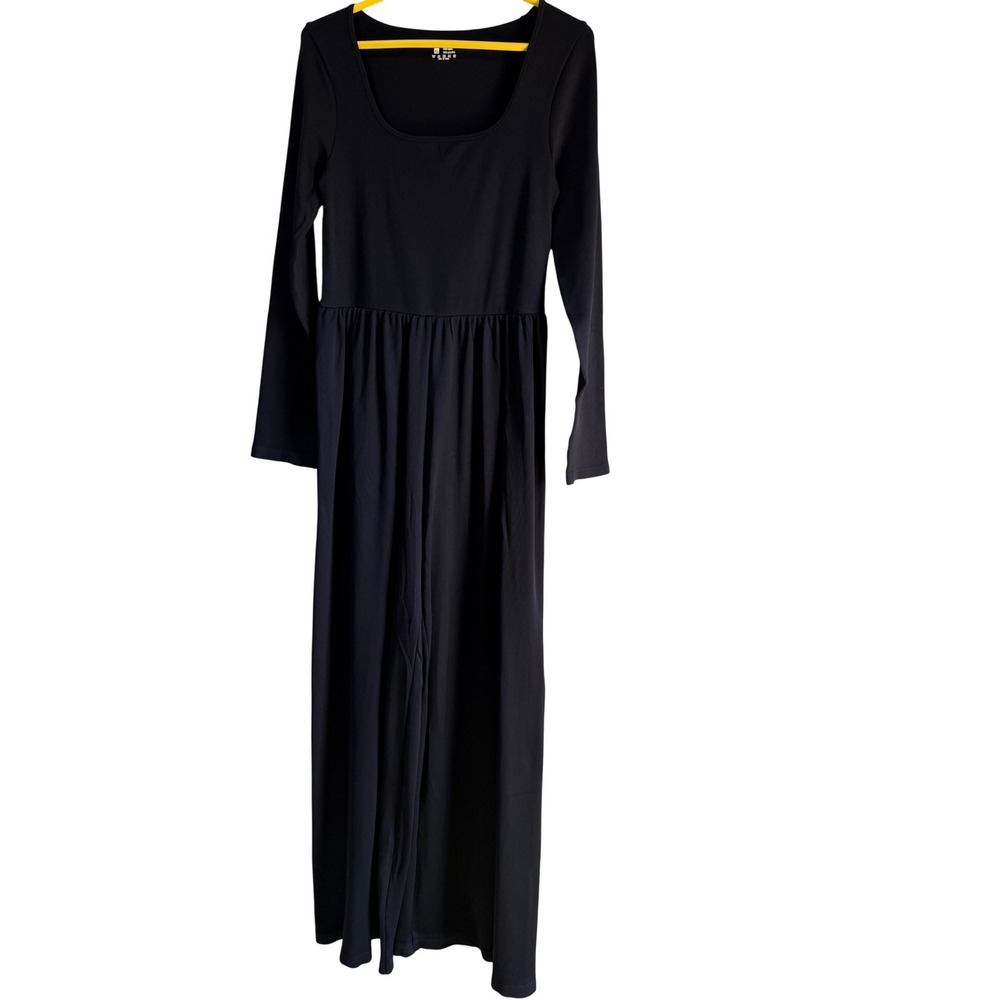 OQQ Black Ribbed Long Sleeve Jumpsuit Square Neck Wide Leg XL